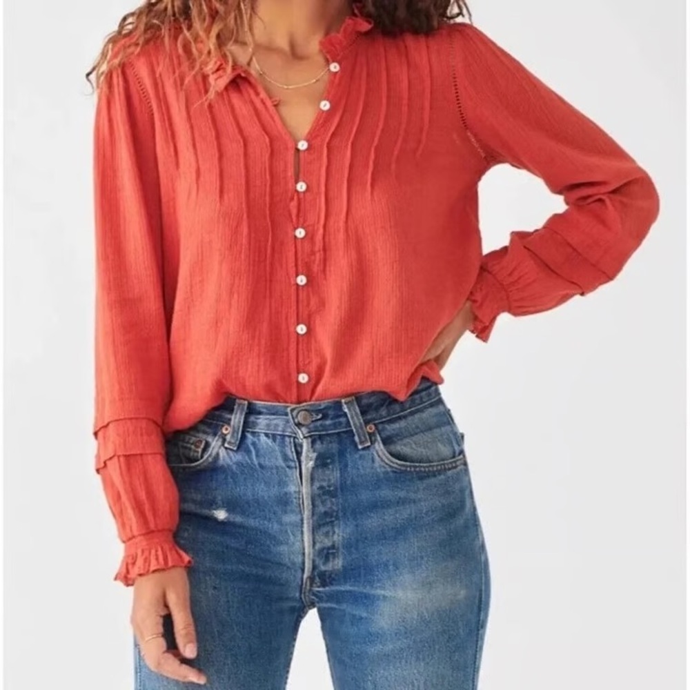 Faherty Willa Organic Cotton Pintuck Blouse Orange Ruffle Neck Womens Small Boho